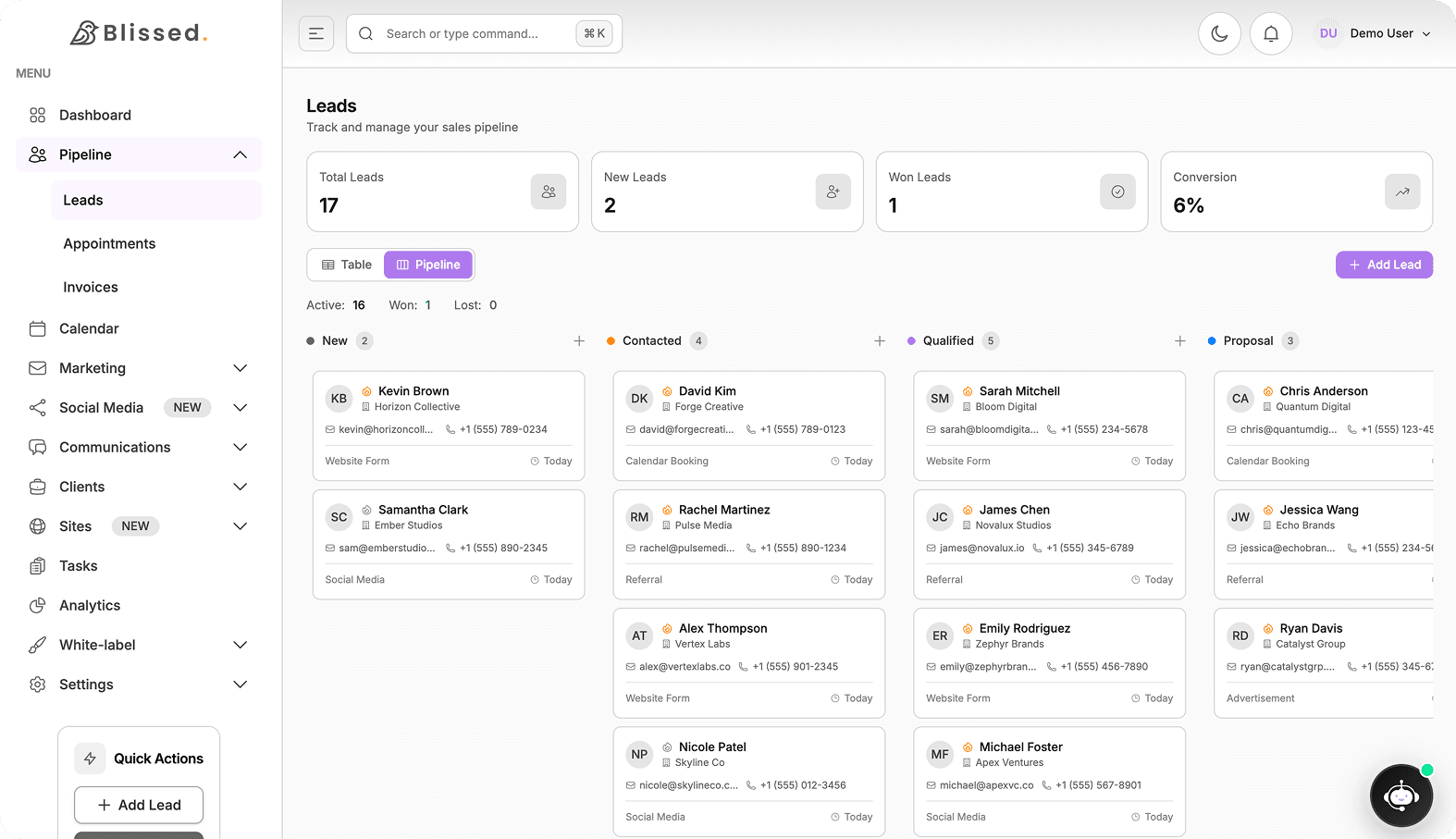 Blissed CRM Dashboard